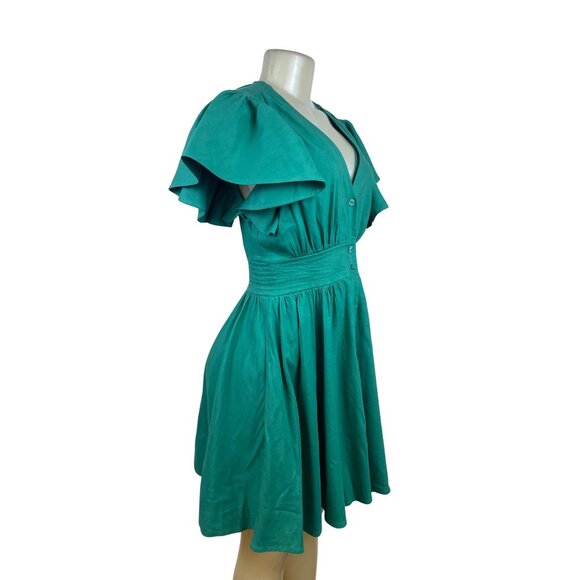 Chelsea 28 Green Women’s Ruffled Sleeve Fit & Flare Button Front Dress Size S - Picture 2 of 9